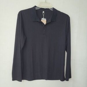 ASKDEER‎ Ribbed Polo Shirt Mens Large Black Long Sleeve 3-Button Stretch New
